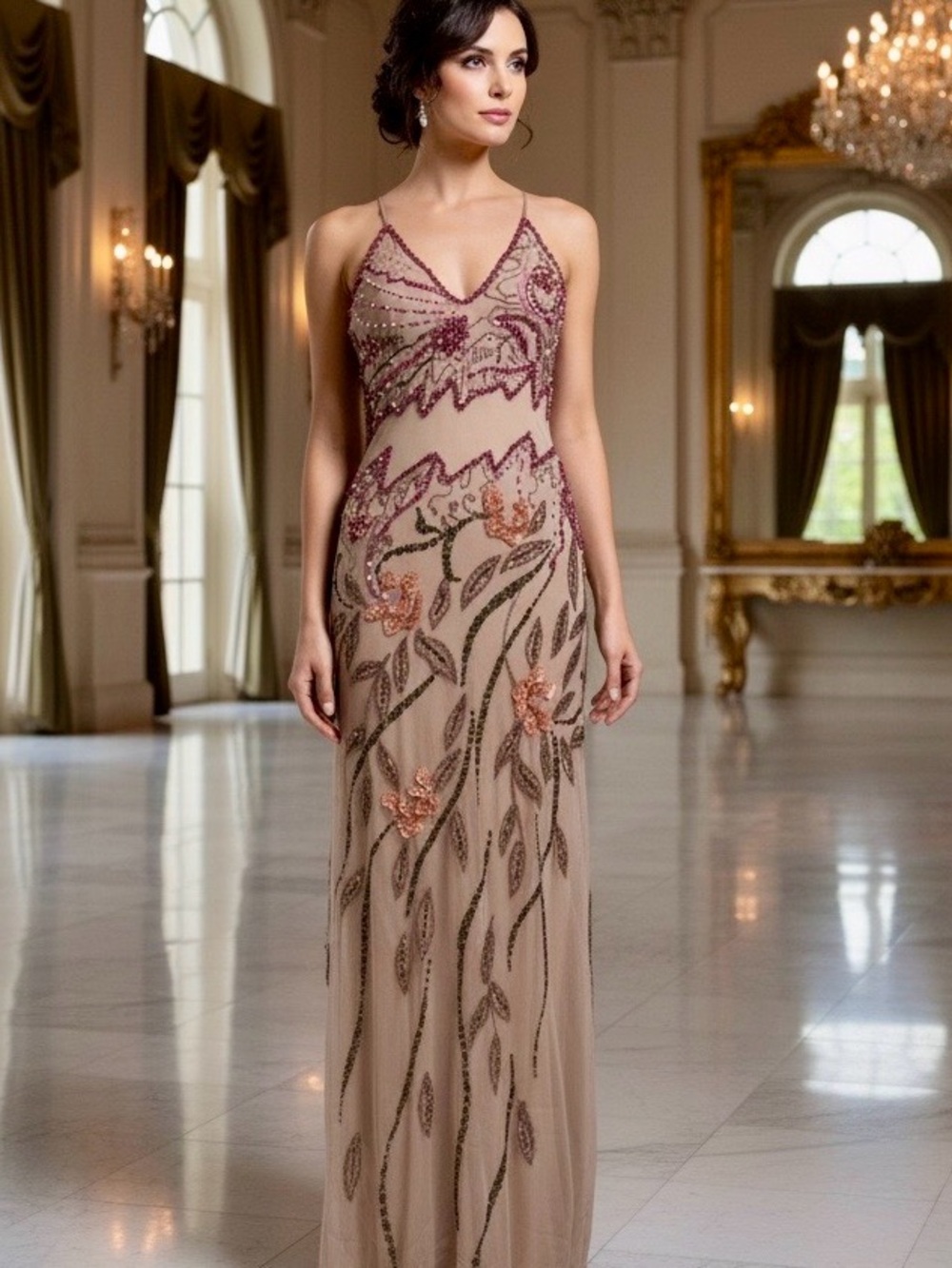 Stunning Elegant hand Beaded Taupe Evening Gown stretch fabric NWT size small